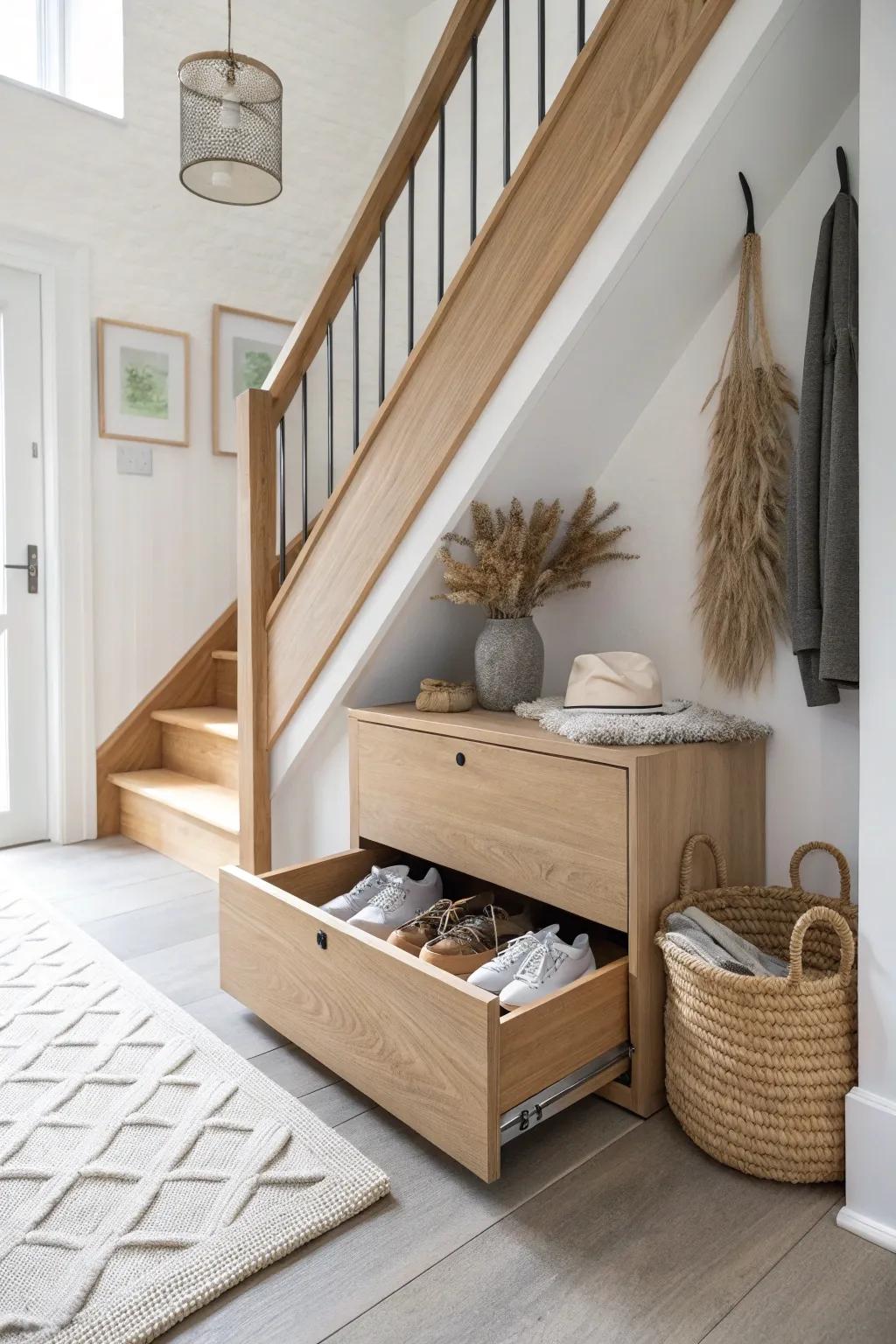 Under-stair pull-out drawer in light oak—sleek, hidden hallway storage for shoes and umbrellas.