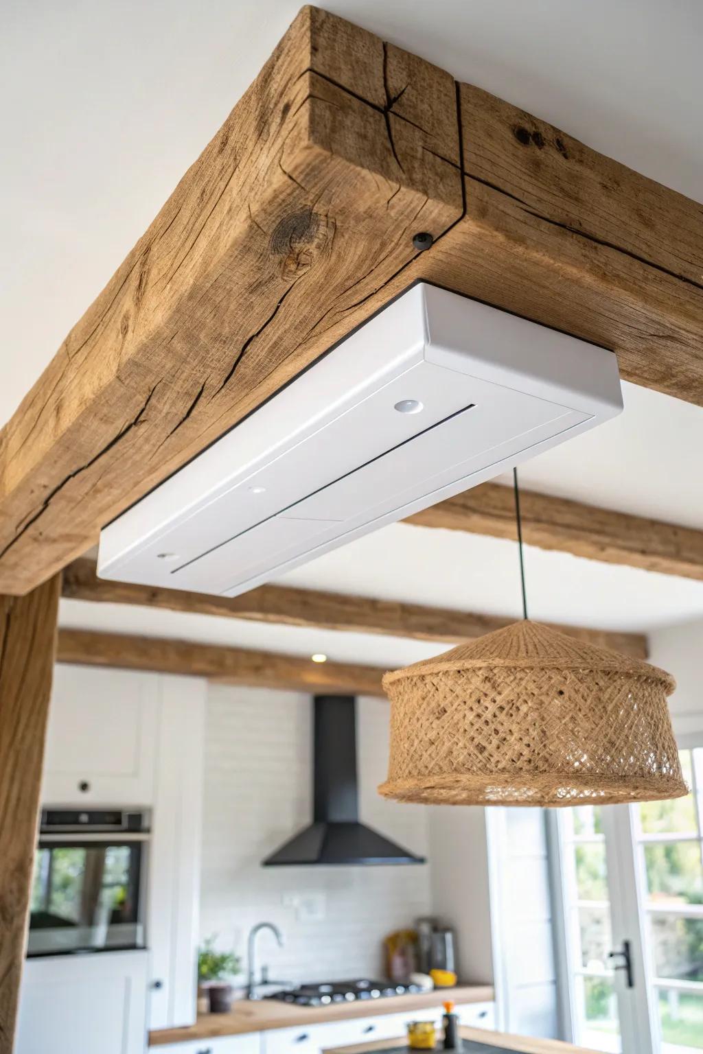 Reclaimed wood beams add instant rustic warmth to a clean, modern kitchen ceiling.