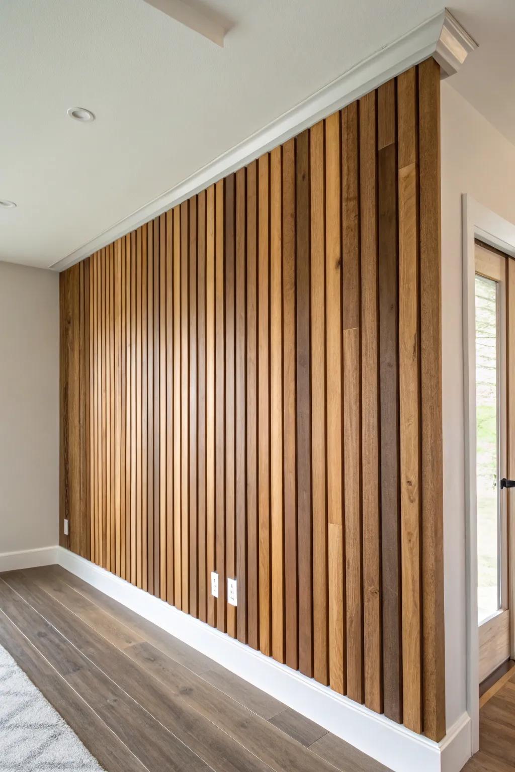 Warm up your space with a simple reclaimed wood slat wall—modern lines, cozy cabin tones.