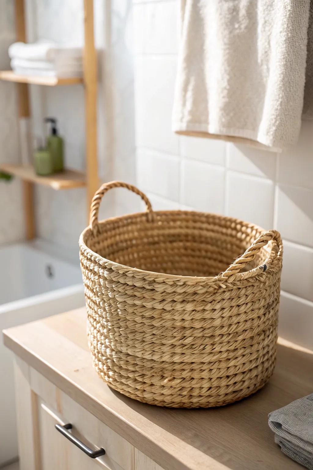 Handwoven seagrass basket on pale oak shelf—calm, clutter-free storage with natural warmth.