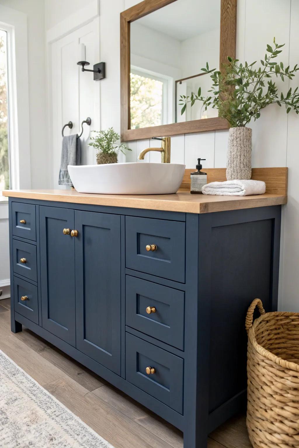 Navy vanity with built-in storage towers—crafted calm that keeps the countertop beautifully clear.
