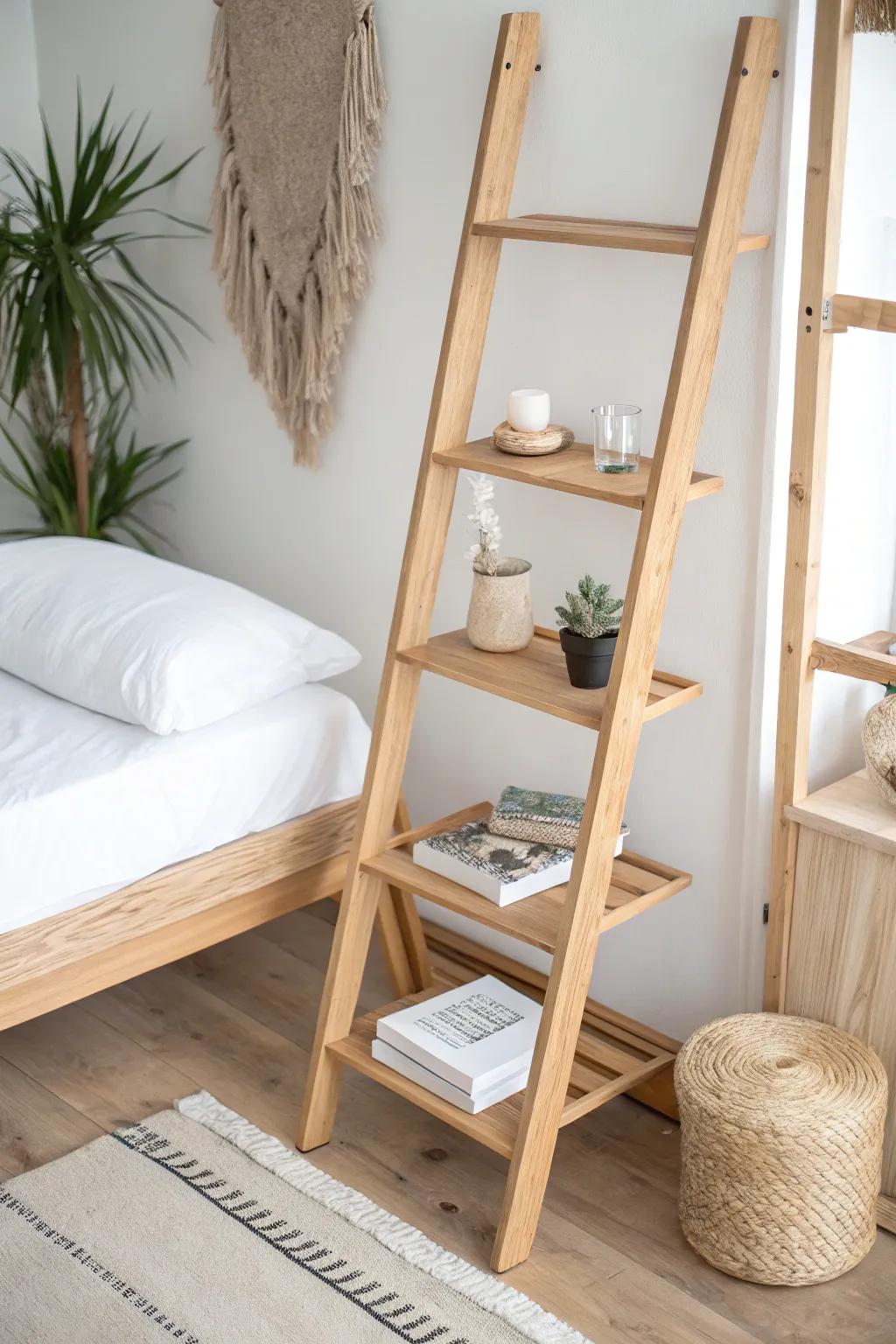 A space-saving leaning ladder shelf—airy, handcrafted, and perfect for bedside essentials.