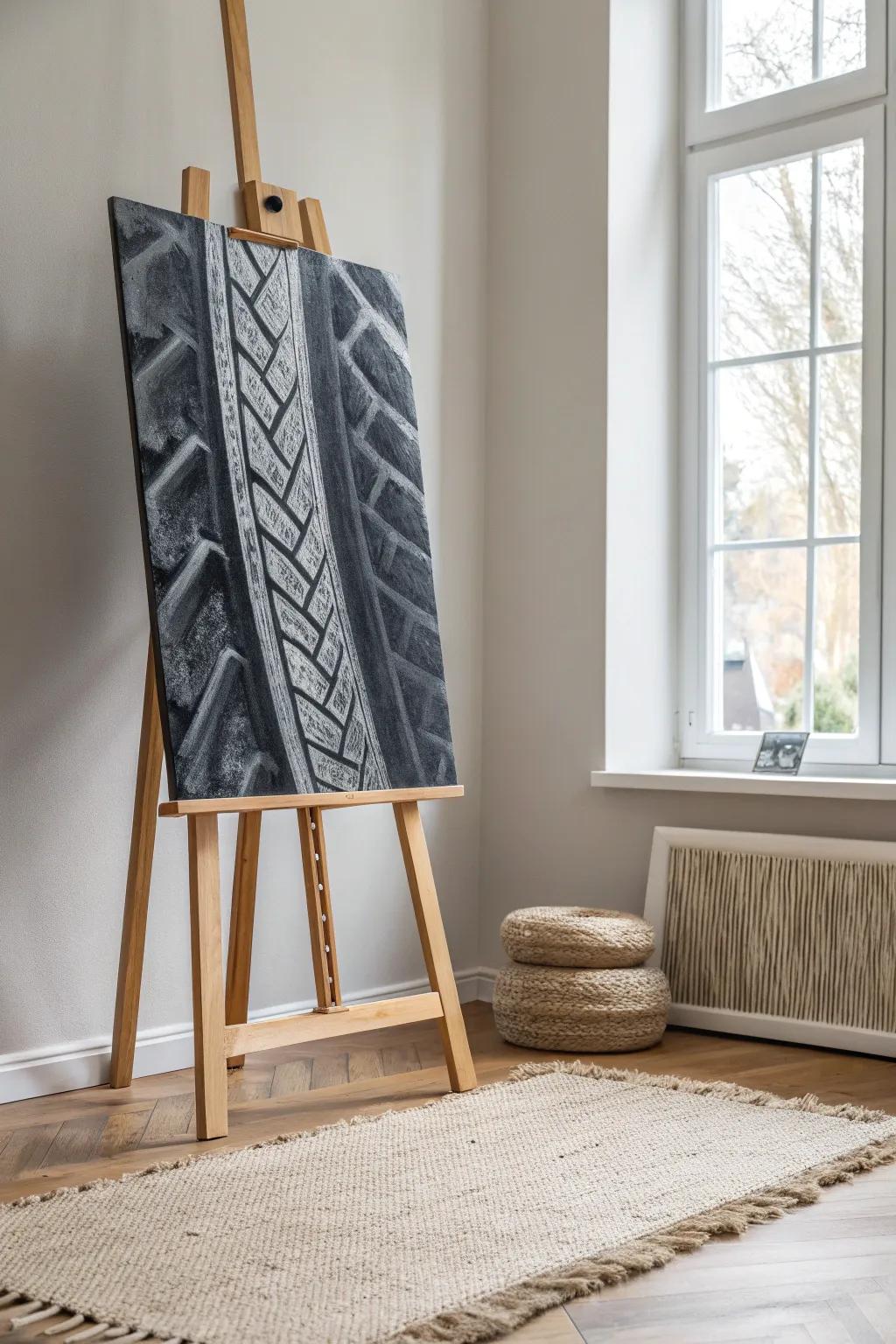 Discover the art of tire tread textures—where industrial meets elegance in a minimalist setting.