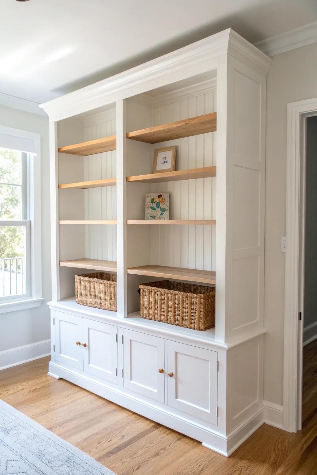 Built-in look alcove shelves: white painted sides + warm wood shelves for a serene nursery nook.