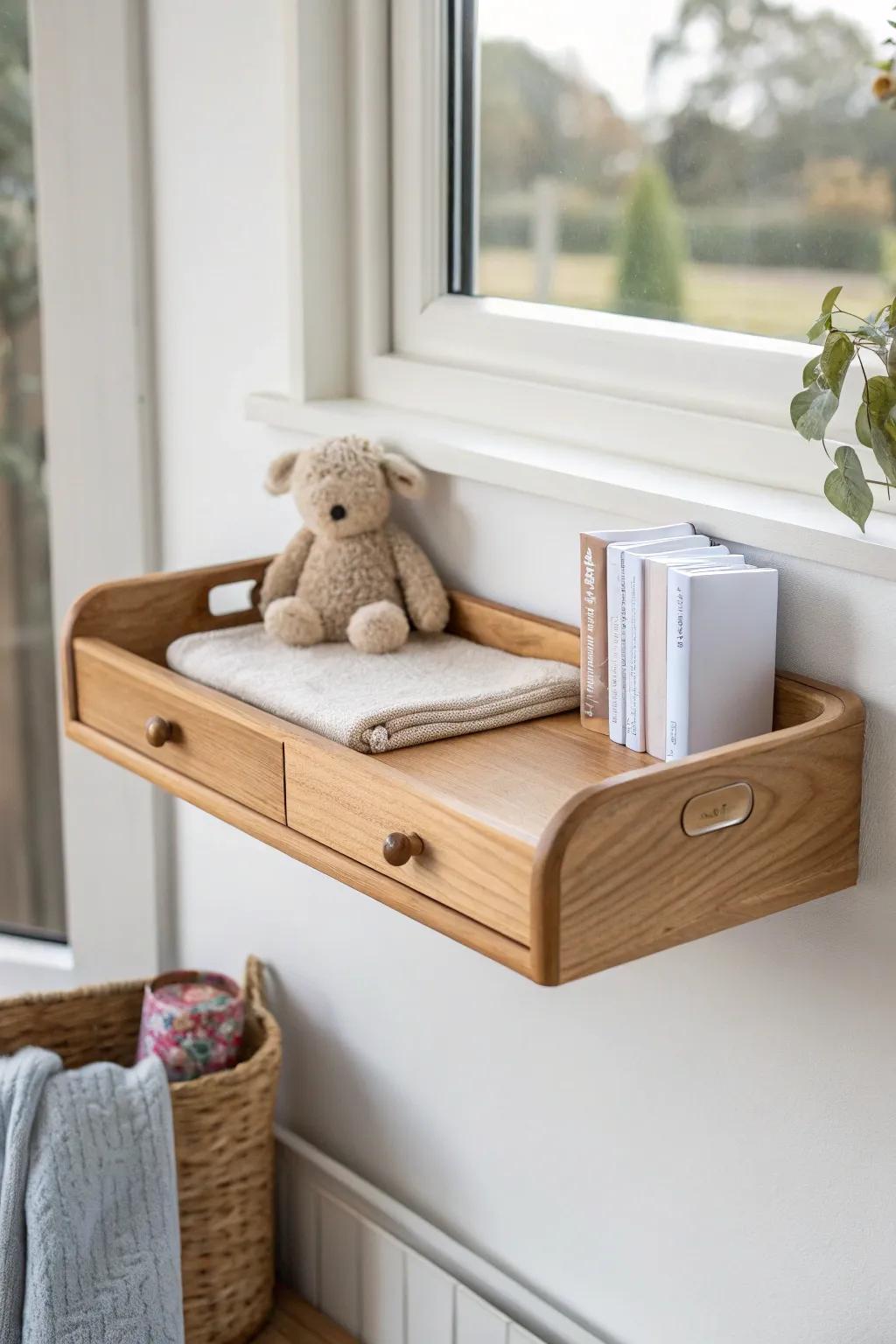 Space-saving nursery magic: a floating oak side table with a tiny lip for sleepy grab moments.