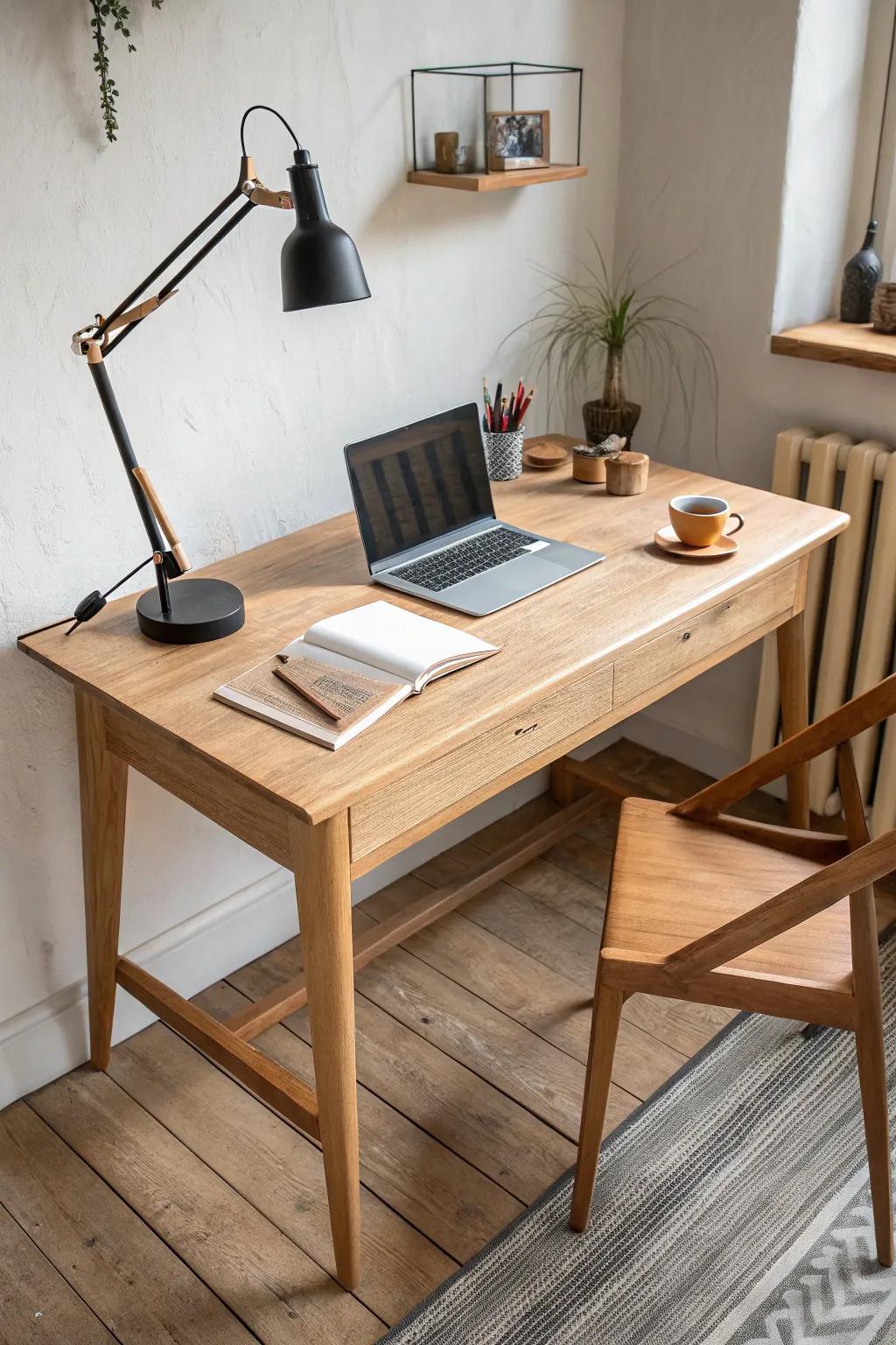 Create calm with an L-shaped desk: clean tech on one side, messy making on the other.