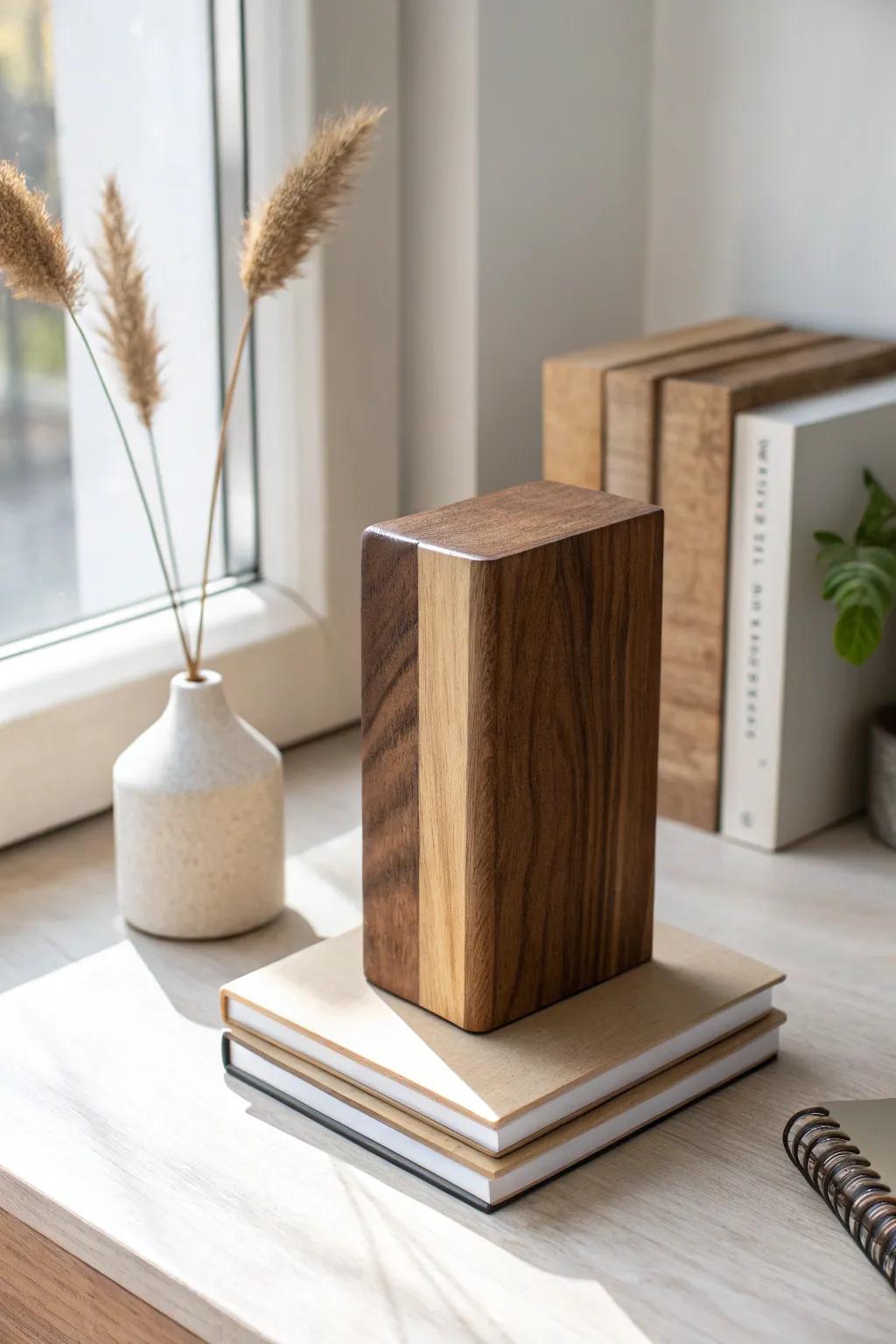 Chunky scrap-wood bookend that turns a simple notebook stack into chic desk decor.