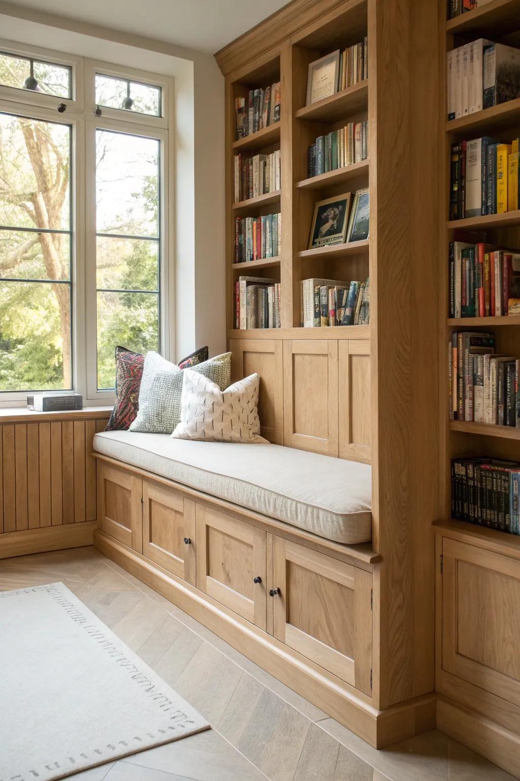 A cozy built-in oak reading nook with hidden storage—minimal, warm, and library-perfect.