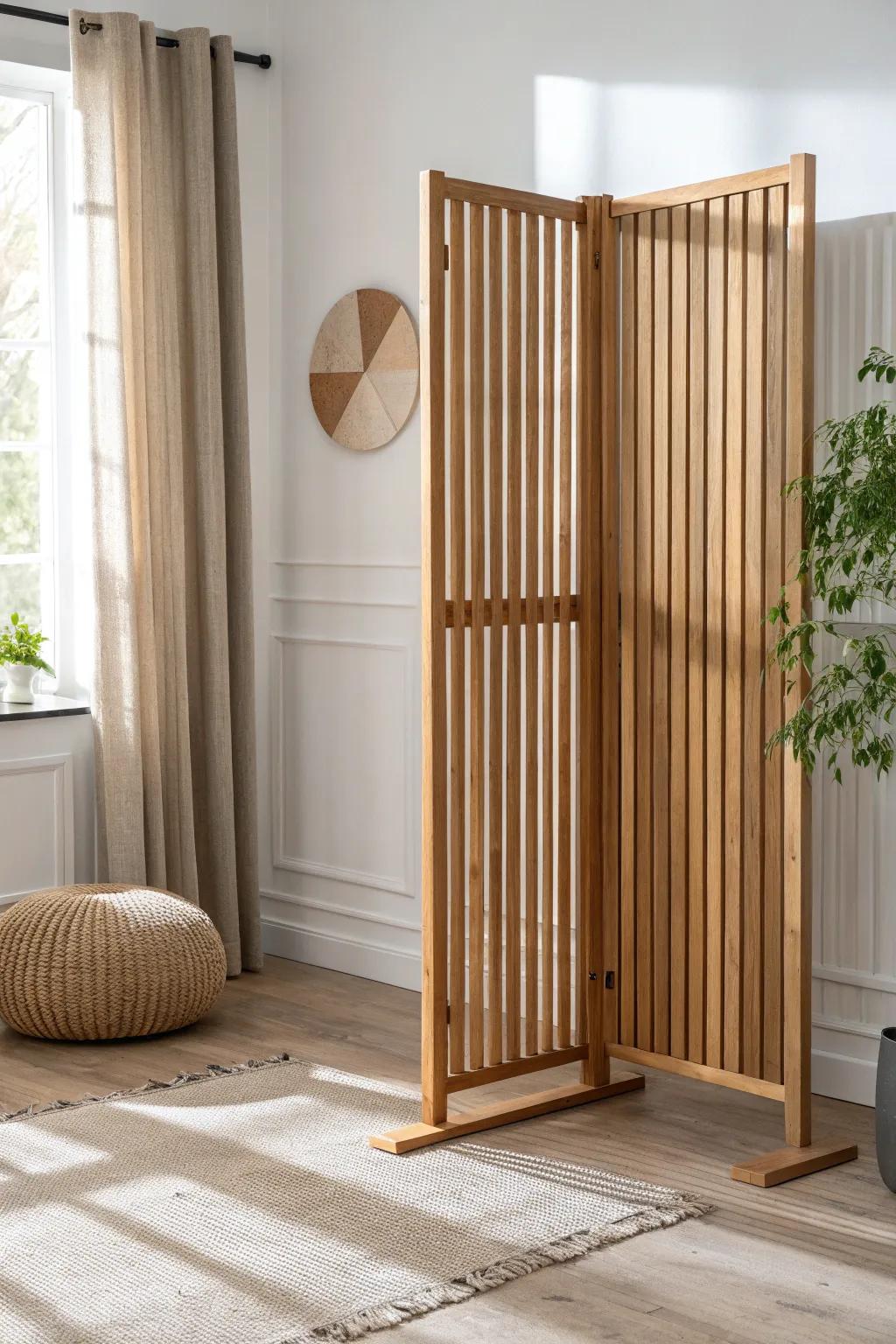 Oak slat divider that adds privacy and texture—minimalist, warm, and lobby-ready.