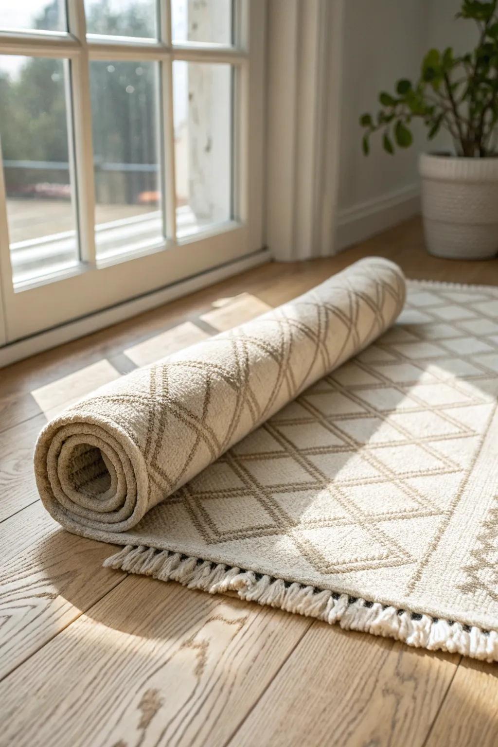 A neutral woven rug softens warm wood tones and instantly makes a home office feel finished.