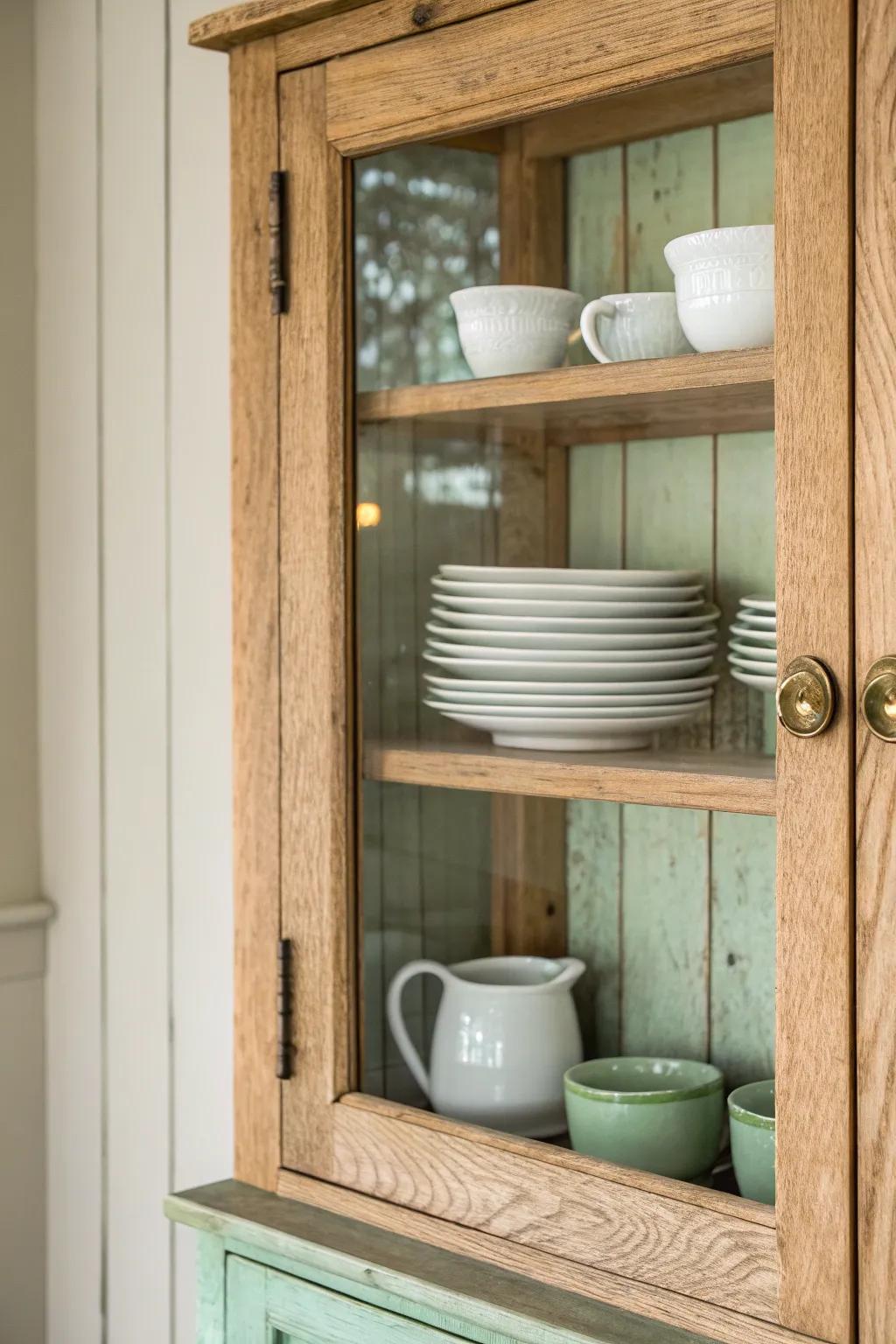 A single glass-front cabinet makes everyday dishes feel like farmhouse décor—warm, simple, handmade.