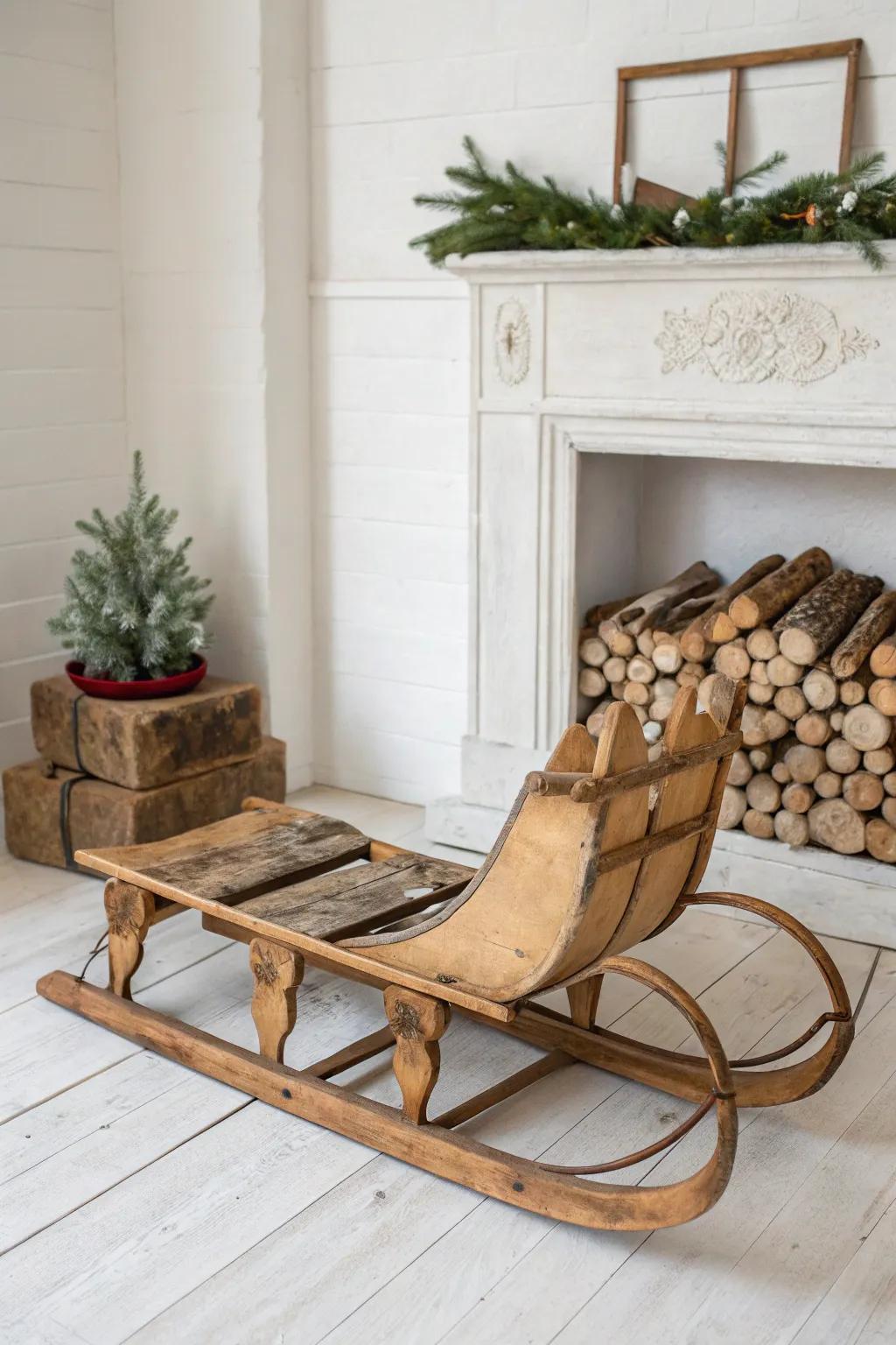Vintage sled + tidy firewood stack, finished with a simple evergreen touch by the hearth.