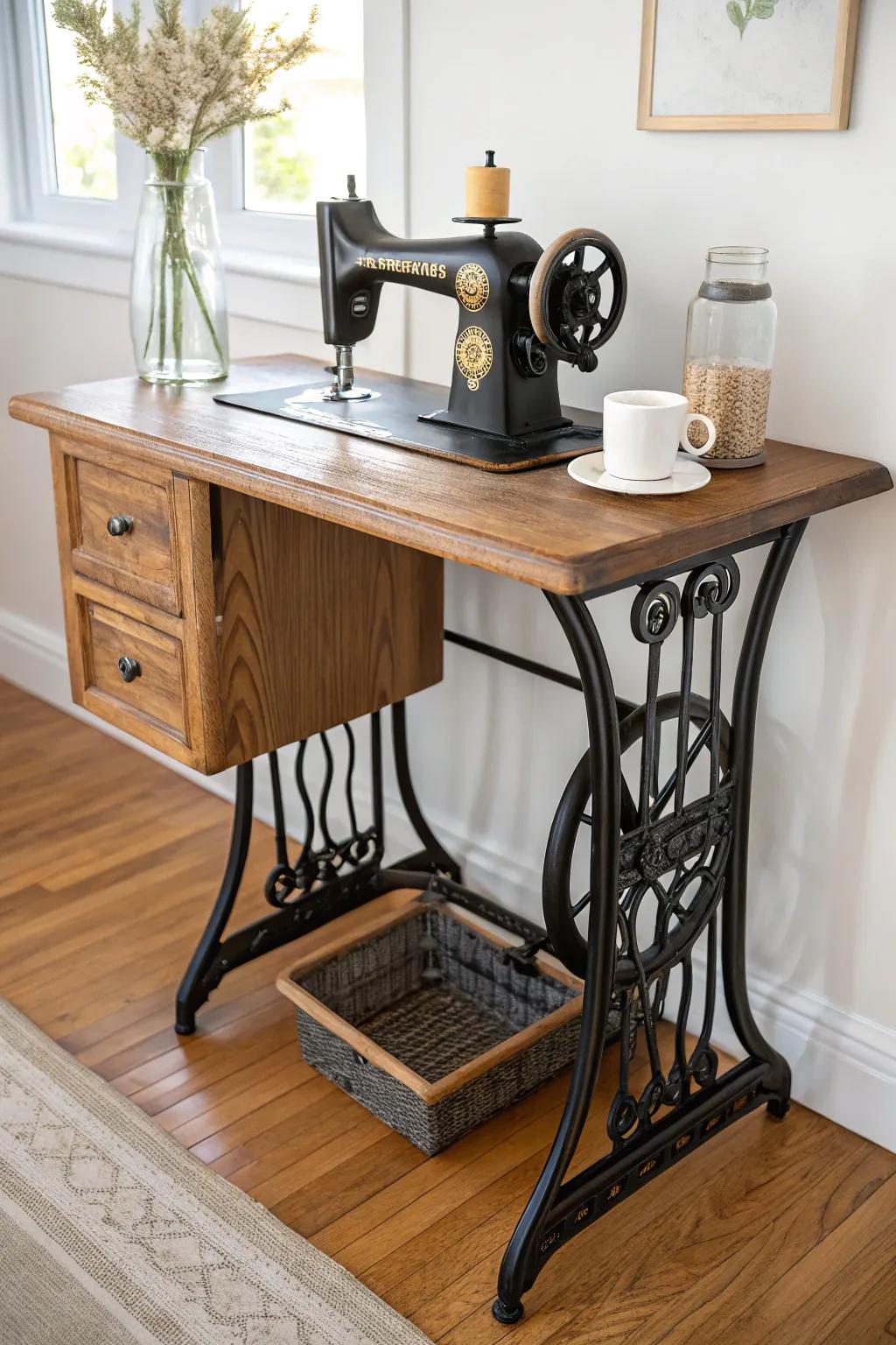 Vintage sewing cabinet coffee station: refinished wood top, iron base, calm Nordic vibes.