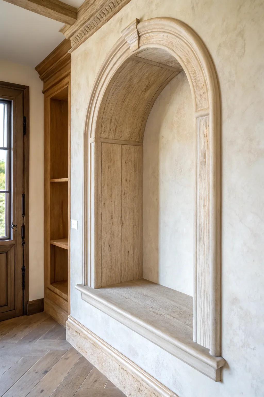 Château-inspired arched alcove for the range—simple curves, textured plaster, warm oak detail.