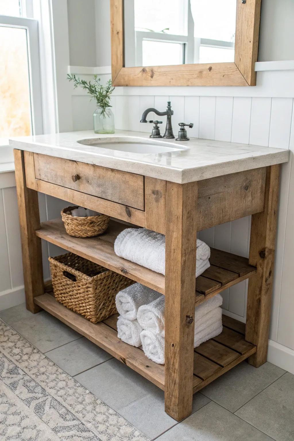 Rustic reclaimed-wood open vanity base—knots, saw marks, and patina that make towels feel like decor.