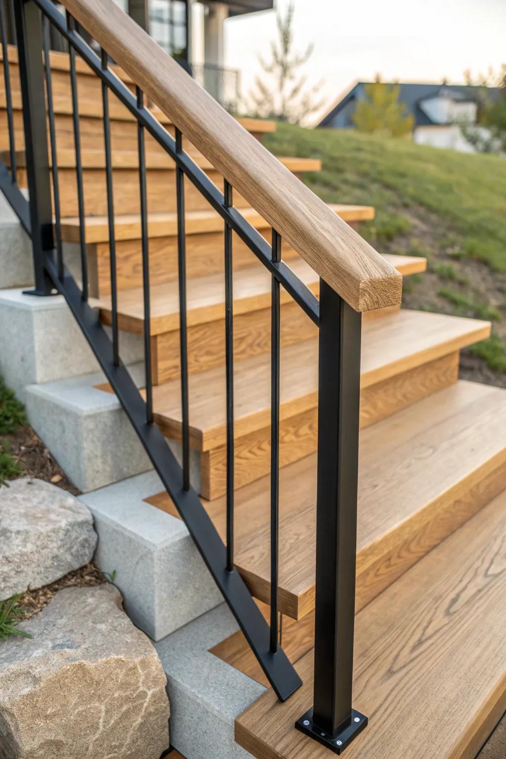Warm wood treads + matte black metal rails—modern, sturdy outdoor stairs with natural charm.