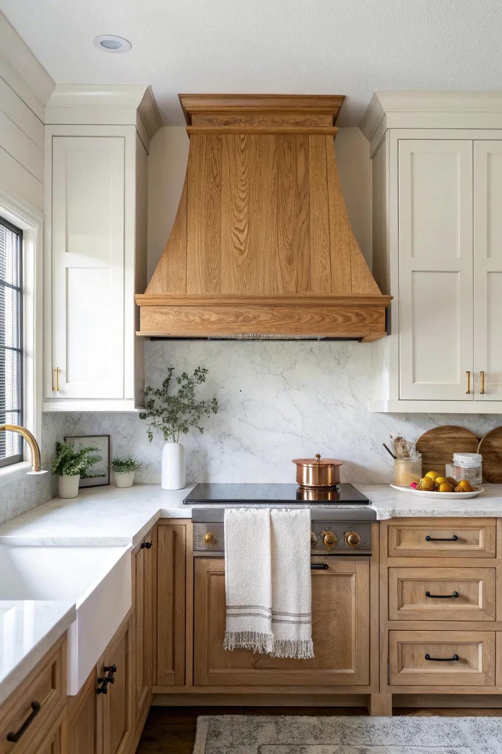Warm stained hood cabinet + creamy uppers: an easy two-tone upgrade that feels custom-made.