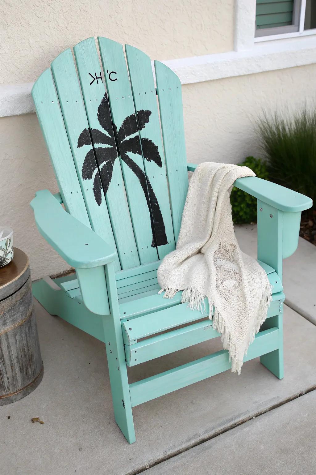 Bright turquoise Adirondack chair with a sleek palm silhouette—minimal, tropical, and handmade.