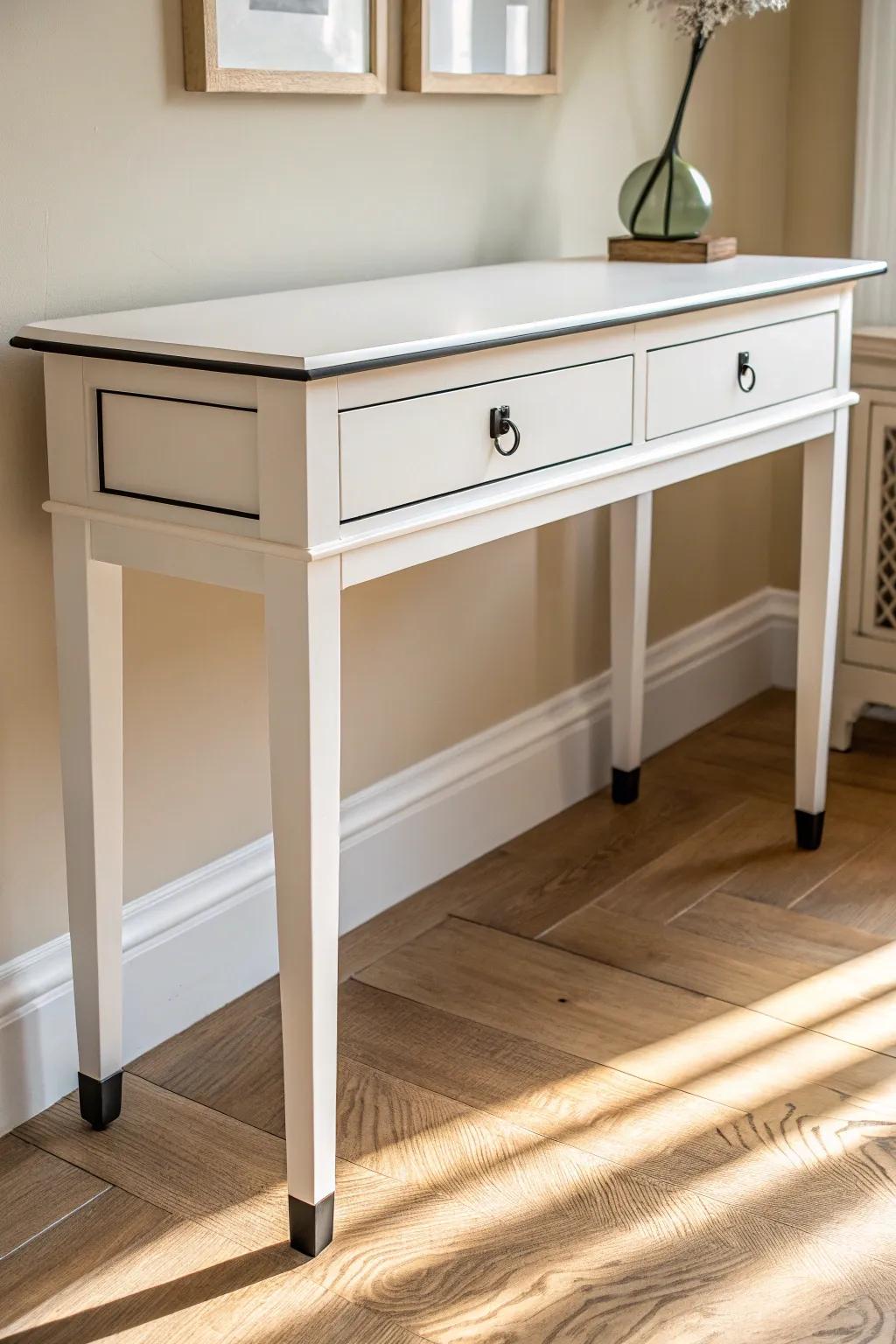 Bright white console table with sleek black pulls—classic contrast with a grounding dark lamp.