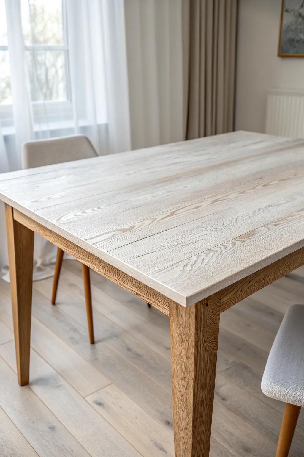 Whitewashed oak cools orange tones while keeping the grain—fresh, light, and modern.