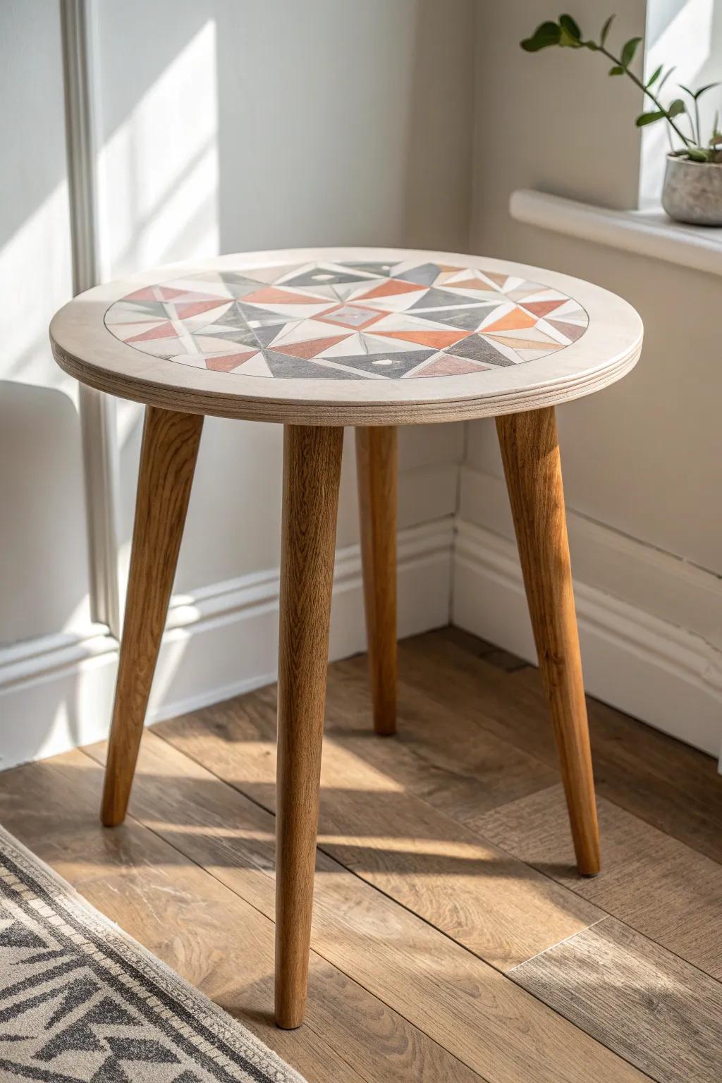 Crisp stenciled pattern on a painted end table top—sealed layers for beauty that lasts.