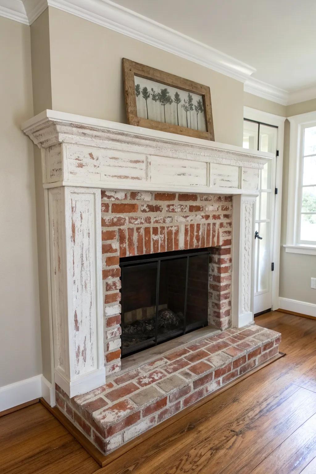 German schmear paint softens brick into an old‑world, cozy focal point—minimal yet warm.