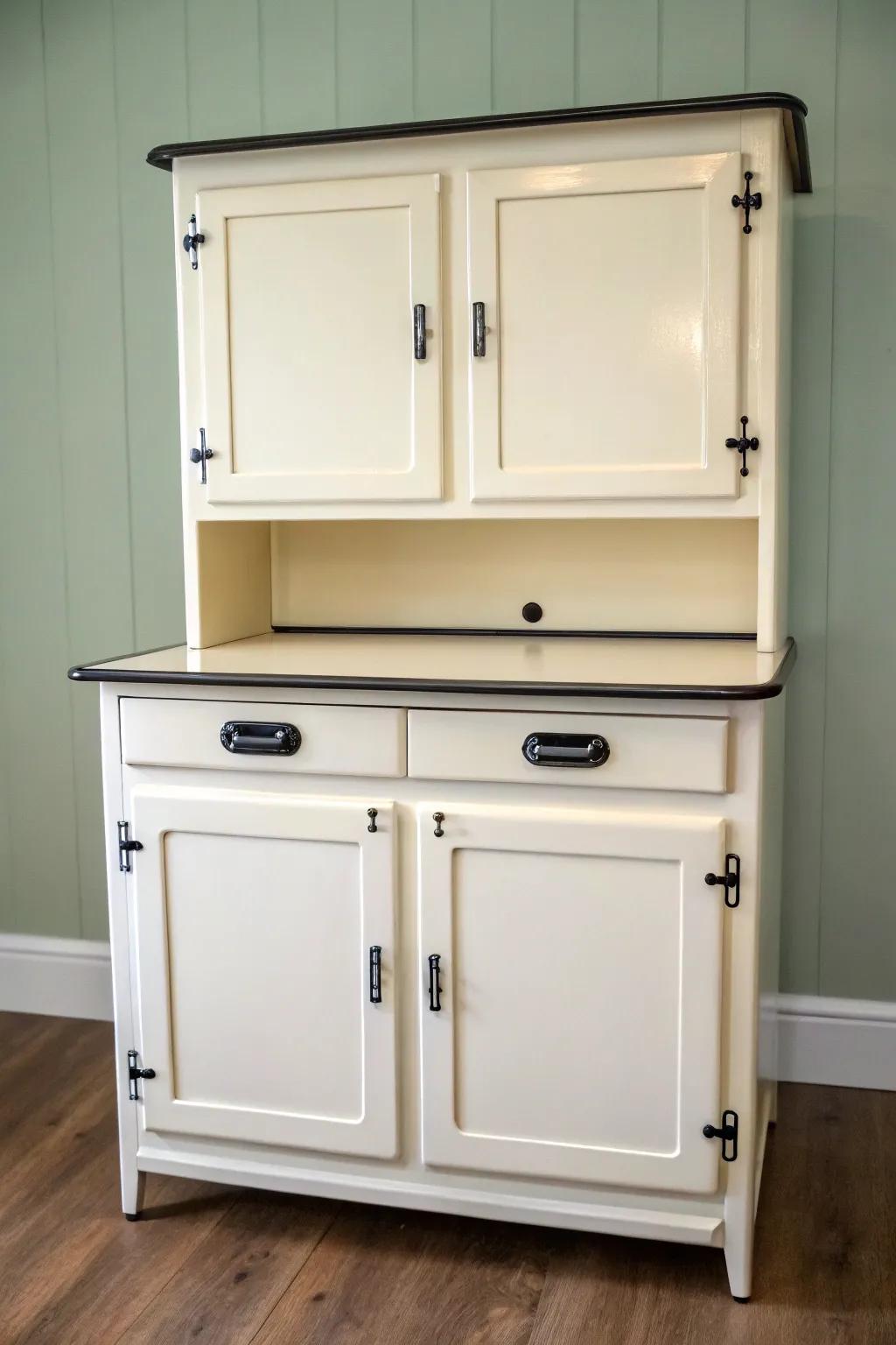Creamy painted Hoosier cabinet with bold matte-black hardware for a crisp, modern contrast.