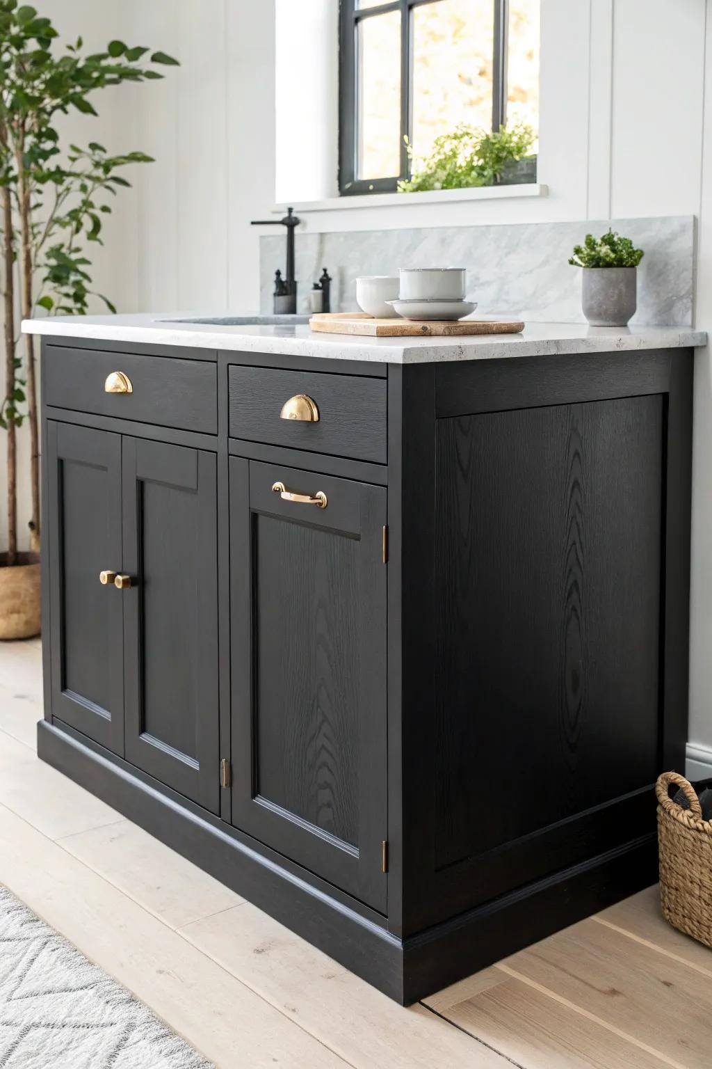 Matte black shaker cabinets paired with bright counters for a bold, light-filled look.
