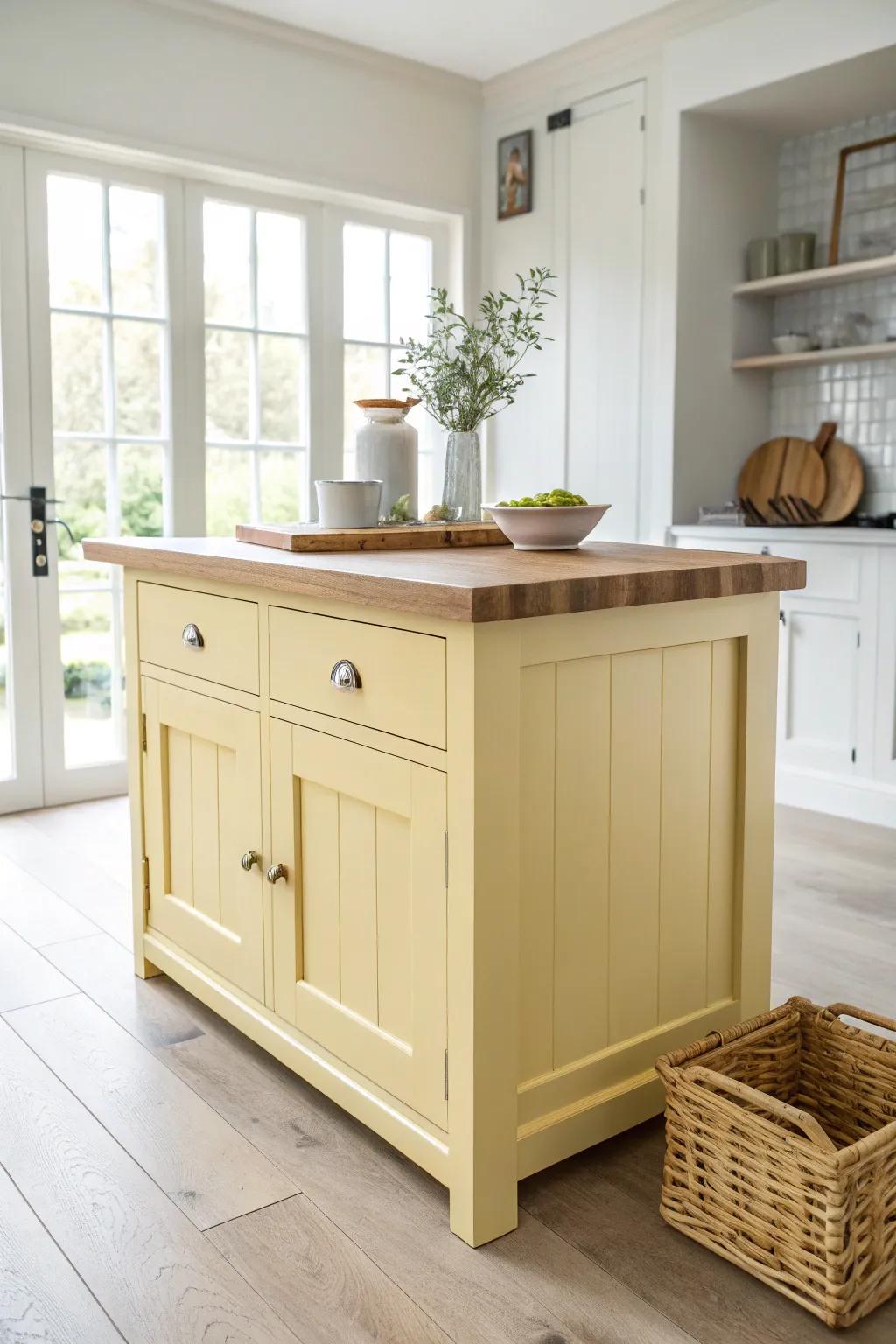 Soft butter-yellow island + warm oak top: a sunny, handcrafted focal point for cozy kitchens.