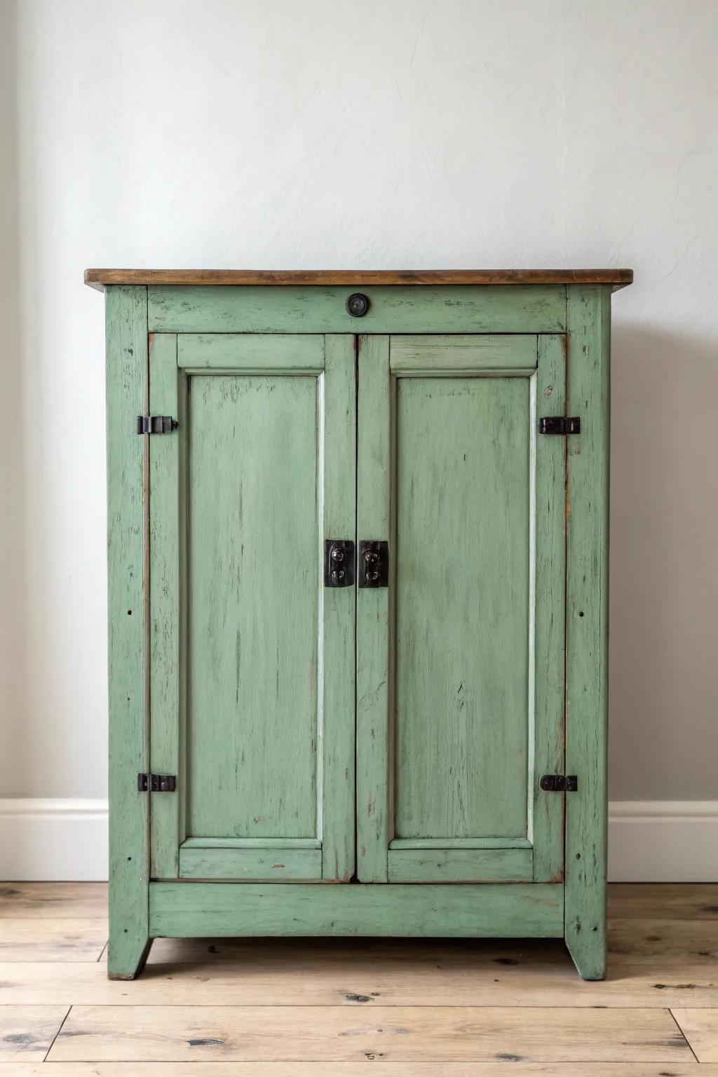 Antique green pie safe with dark hardware—timeless contrast against warm wood tones.