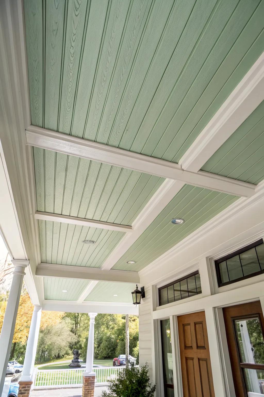 Soft sage green beadboard porch ceiling—fresh, vintage, and perfect with natural light.