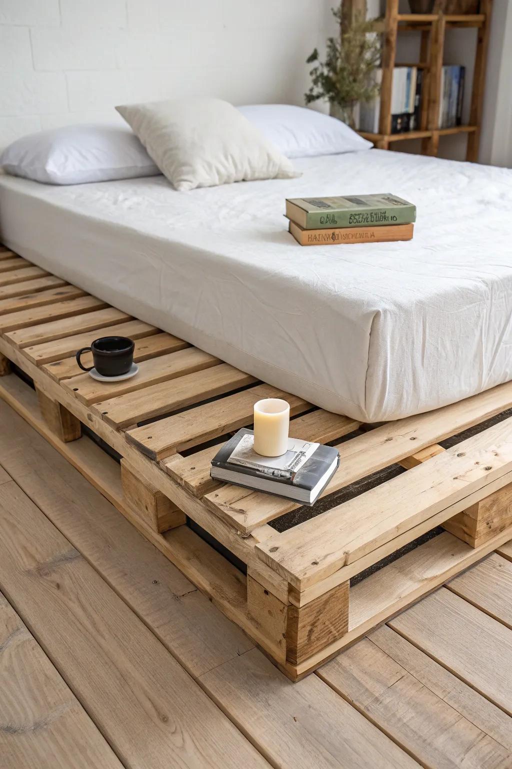 Extra-wide pallet bed border doubles as a built-in shelf for books, candle, and phone.