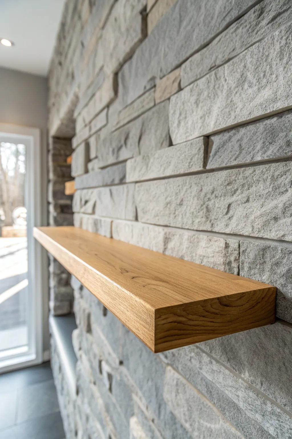 Stone-look panel accent + warm oak shelf: a grounded basement wall idea with Scandinavian calm.