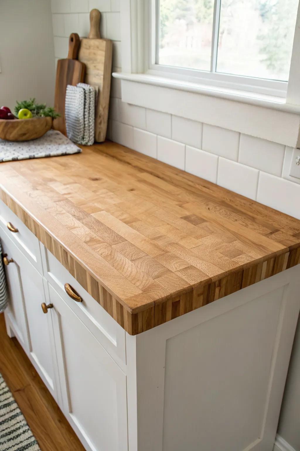 A warm butcher-block counter turns any pantry into a mini prep zone with instant style.