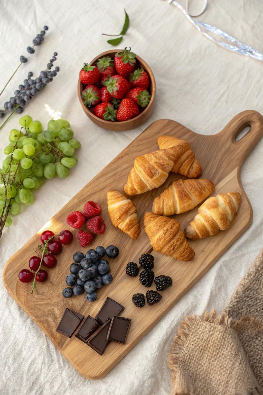 Fruit-forward pastry board: light pastries, seasonal berries, grapes, and a touch of chocolate.