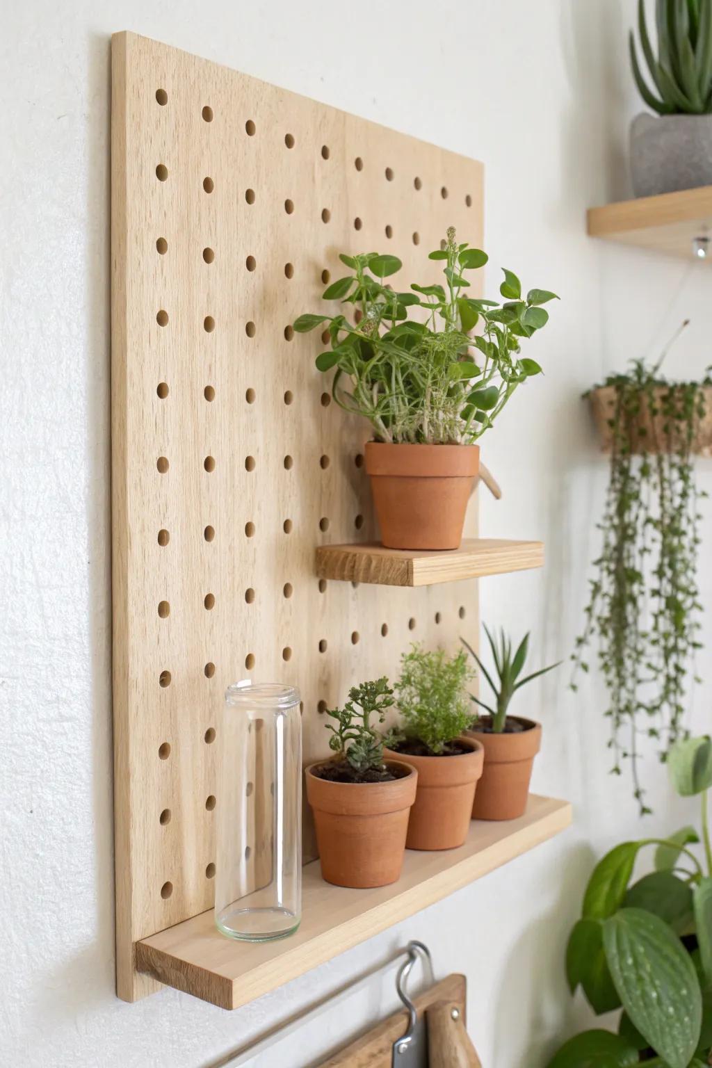 A minimalist pegboard turns into a living wall—planters, propagation tubes, and a tiny tool shelf.