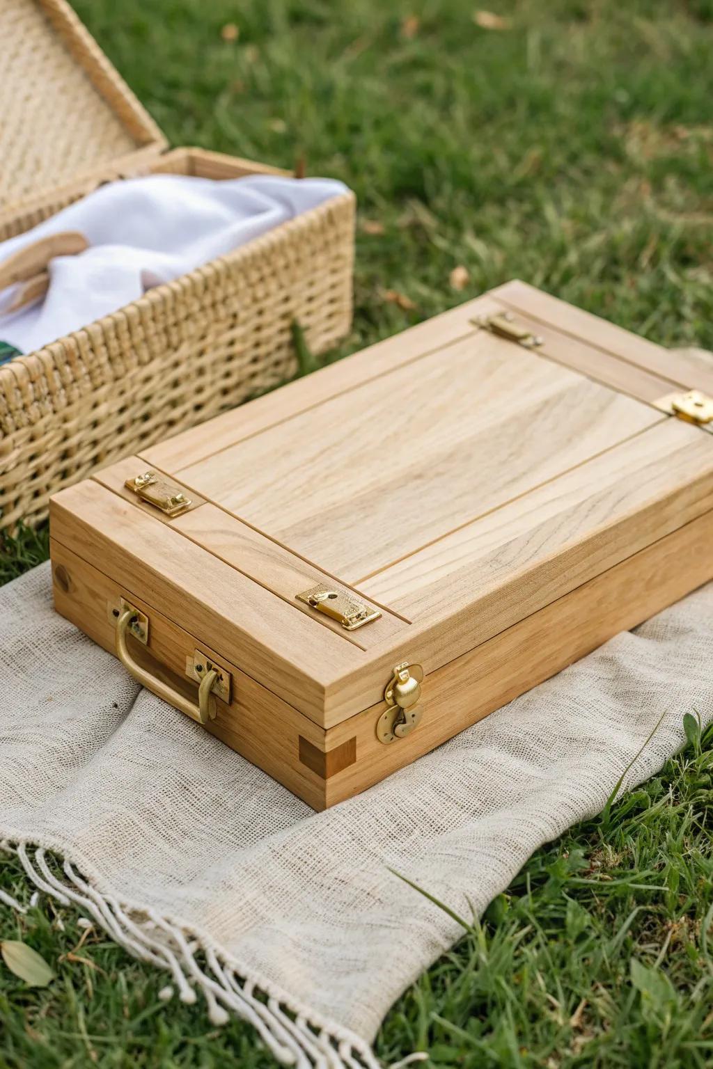 A fold-out hinged board that travels shut, then opens into an instant picnic charcuterie spread.