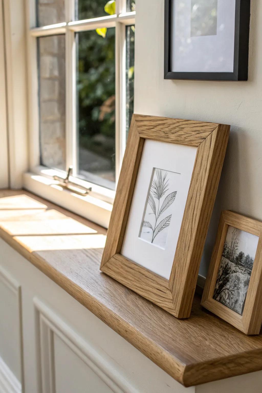 Mantel lean-and-layer: warm oak frames with soft overlap for a relaxed, curated gallery.