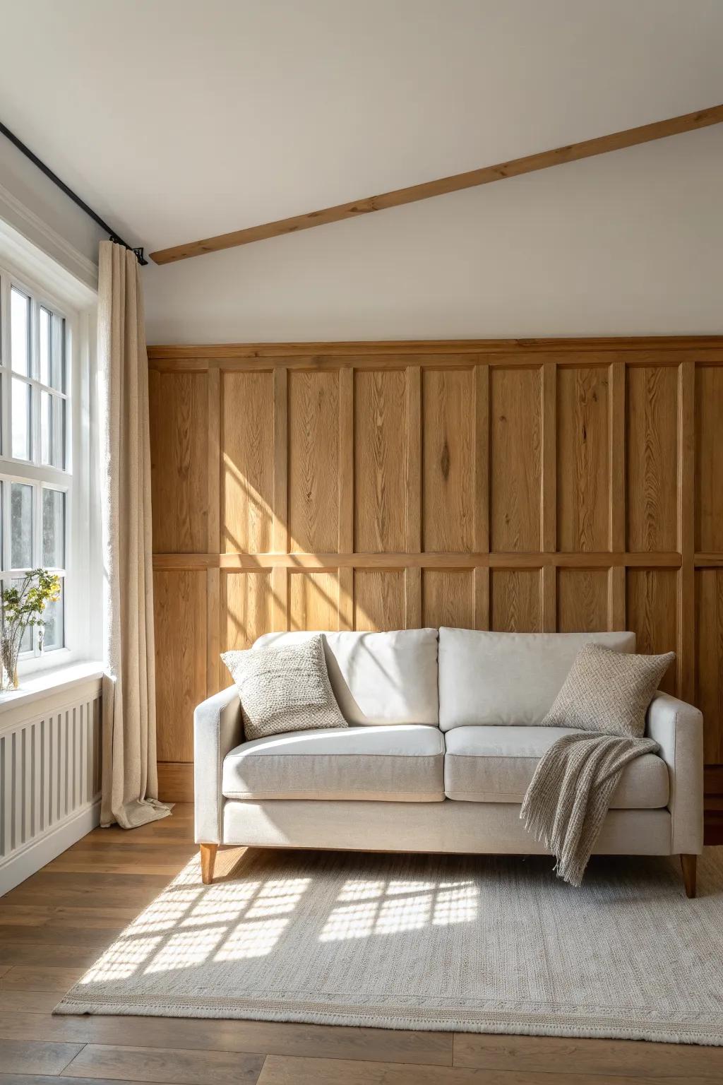 Big-impact accent wall: picture frame wainscoting behind a sofa for timeless, cozy contrast.