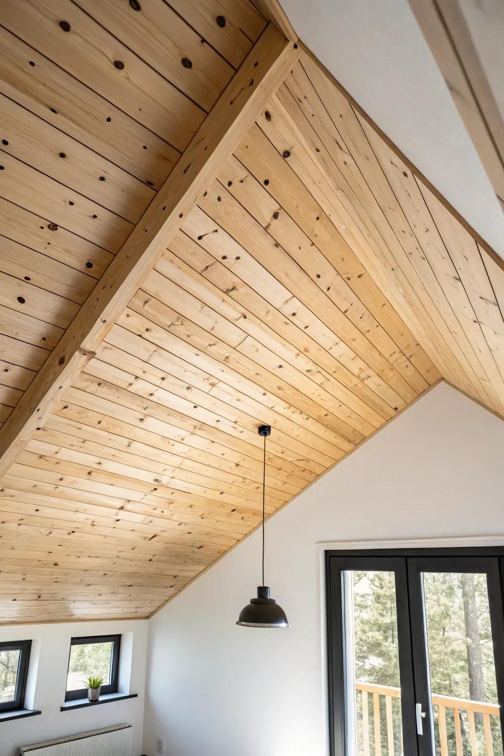 Diagonal pine planks add instant energy—clean lines, warm grain, and a crafted Scandinavian feel.