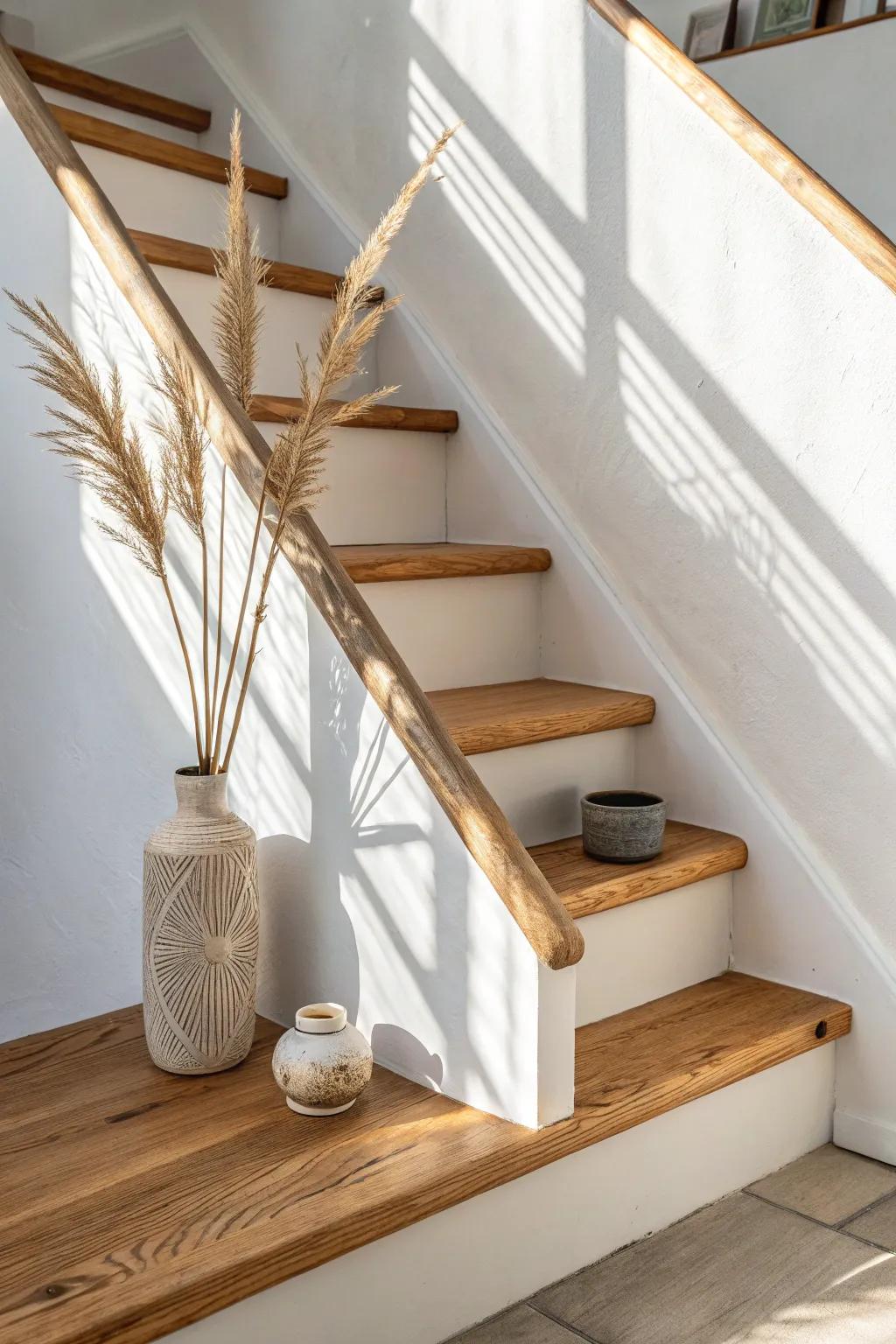 A slim pine landing ledge made from matching tread offcuts—simple, warm, and decorative.