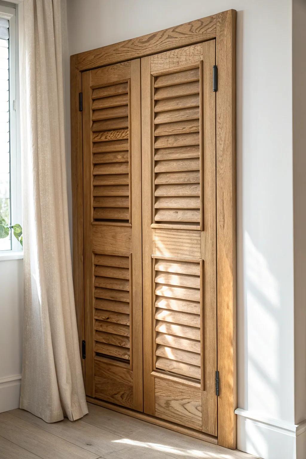 Natural wood plantation shutters in side light—rich grain, warm texture, handcrafted calm.