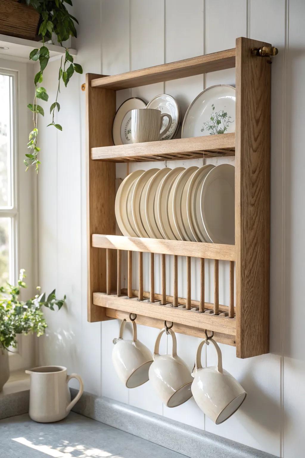 A plate rack with mug hooks—minimal wall storage that doubles as a cozy coffee station.
