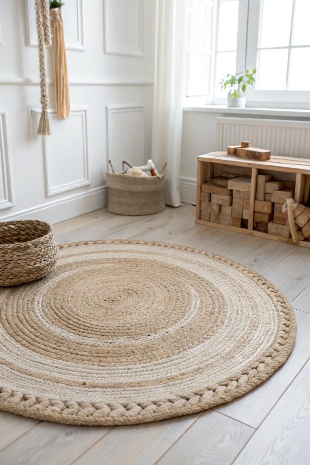 A big, soft play rug instantly defines the play zone—cozy, calm, and easier to keep tidy.