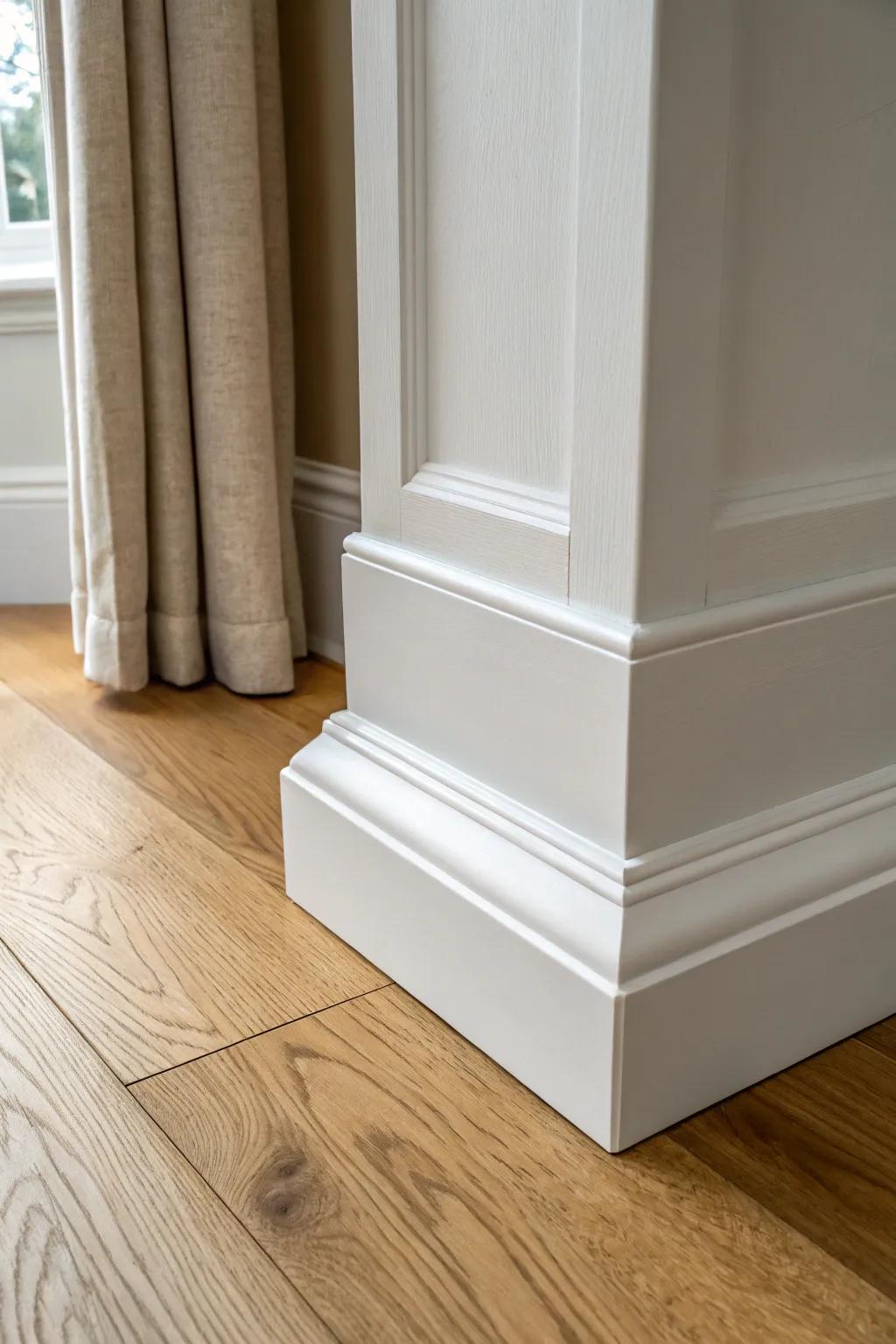 Crisp Shaker flat plinth block with tight caulk lines—minimal, calm trim for modern doorways.
