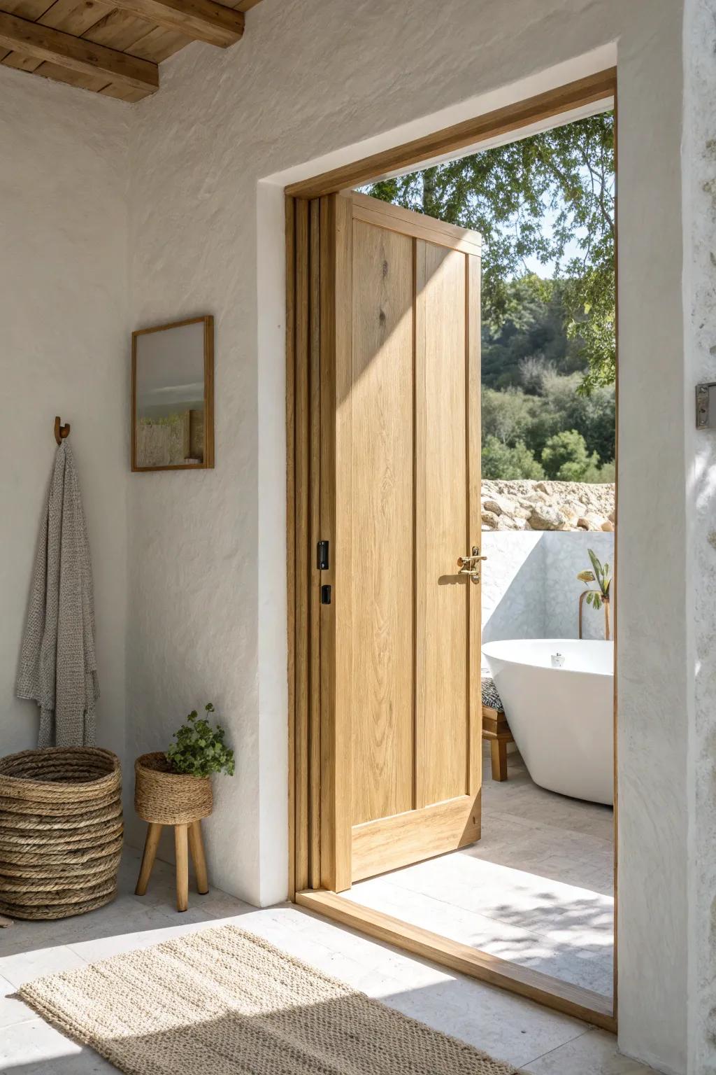 A light oak pocket door adds instant privacy to your water closet—sleek, quiet, space-saving.