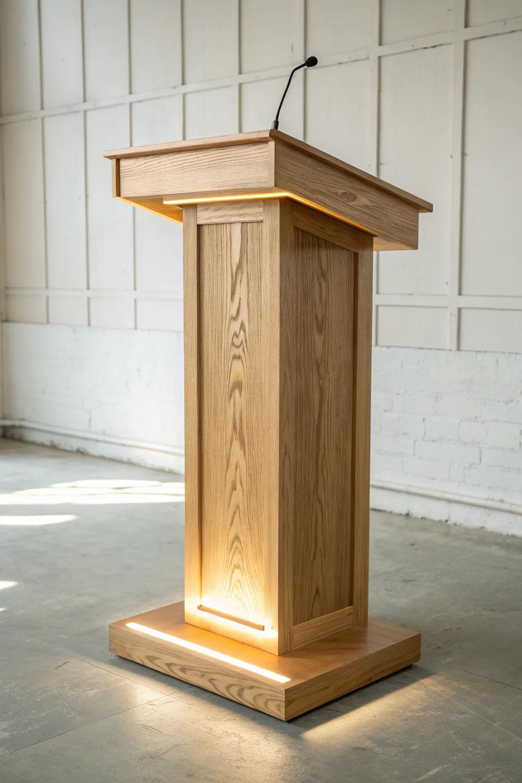 Warm uplighting turns a simple wood podium into a sculptural centerpiece—without harsh shadows.