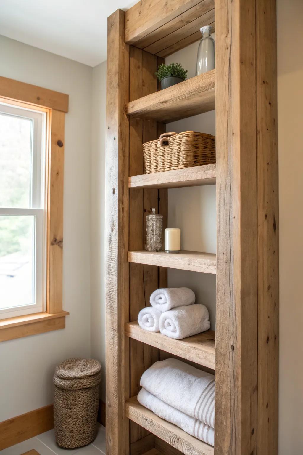 Open oak shelves tucked between barn posts—simple storage for towels in a calm, airy bath.