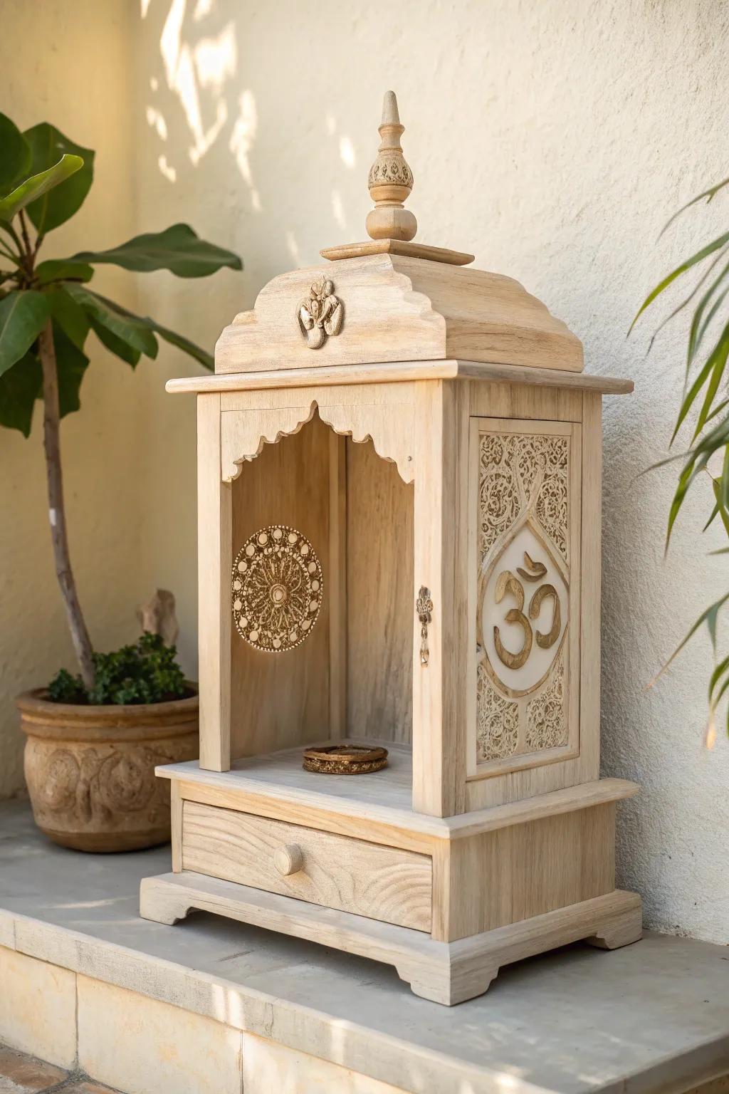 Minimal light-wood pooja mandir with one carved panel—calm, modern, and grounding.