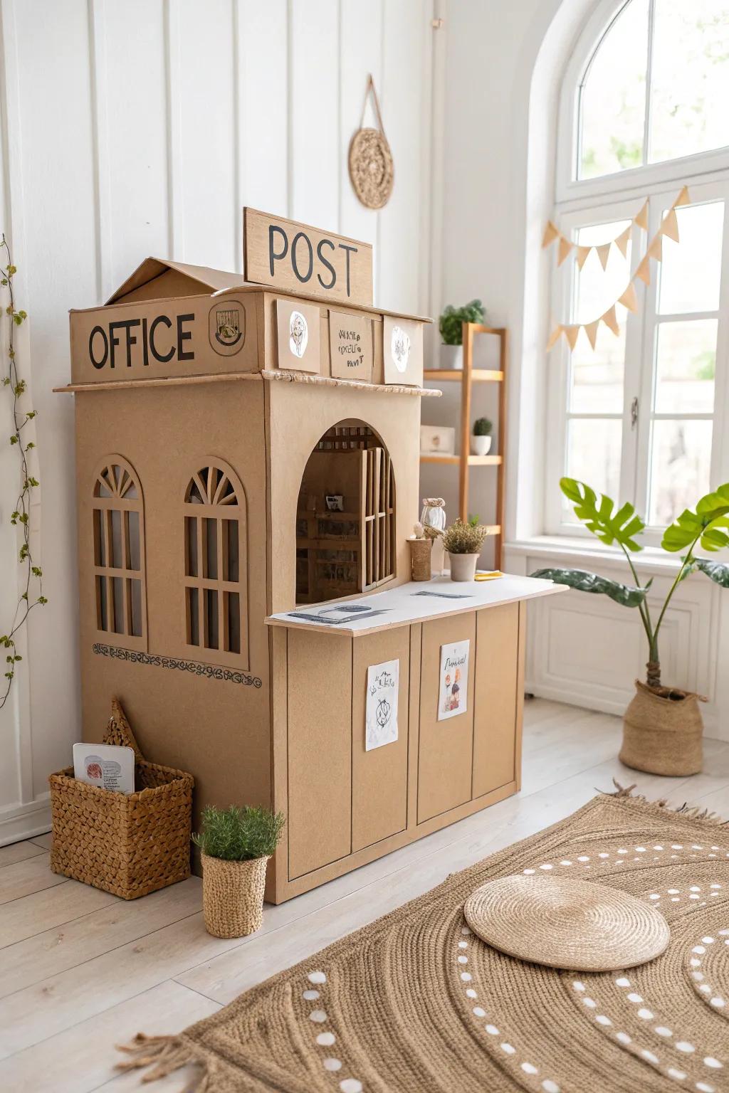 Explore the joy of play with this charming DIY cardboard post office, where creativity meets simple, natural beauty.